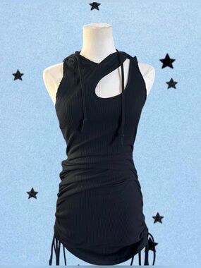 Asymmetric Cutout Black Ribbed Hoodie Dress Dolls Kill